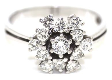 Snowflake diamond cluster and white gold ring