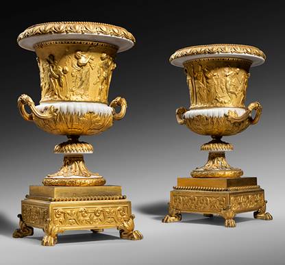 a pair of Louis XVI ormolu and marble models of the Borghese vase