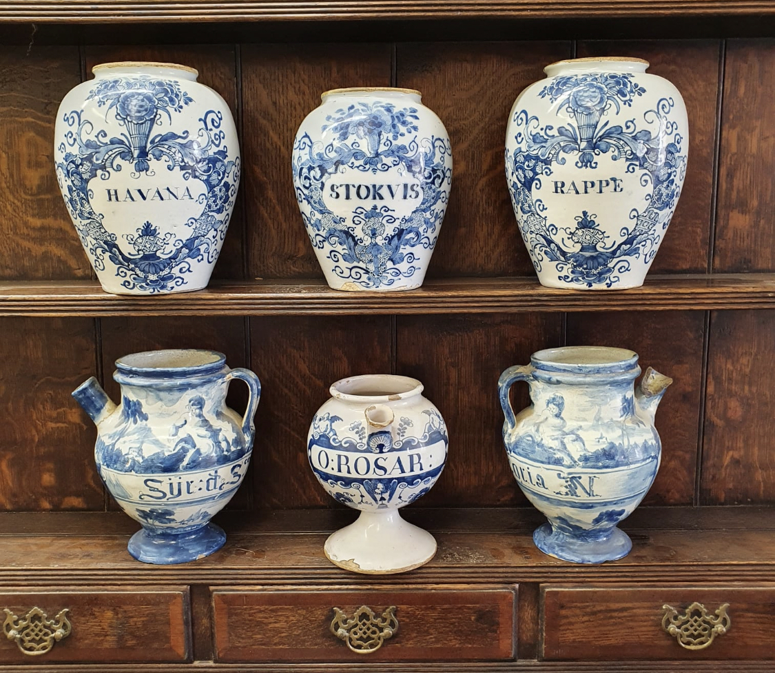 Collection of Delft tobacco jars and Italian dry drug jars