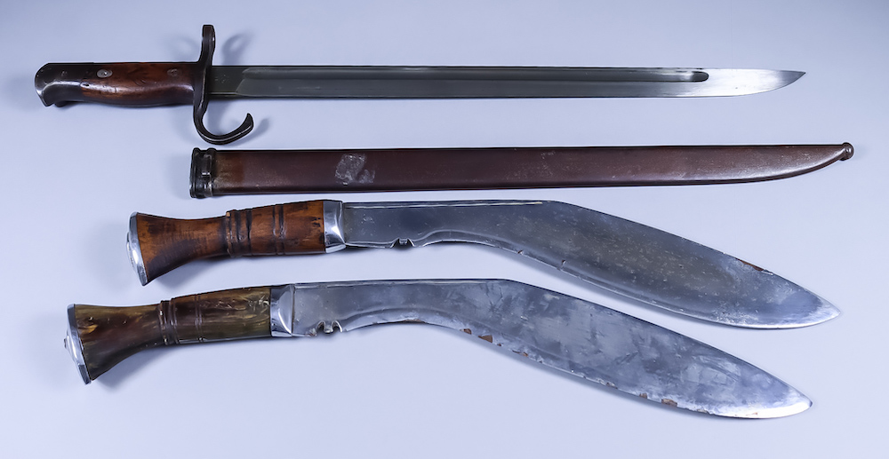 Second World War Japanese bayonet and two Gurkha kukris