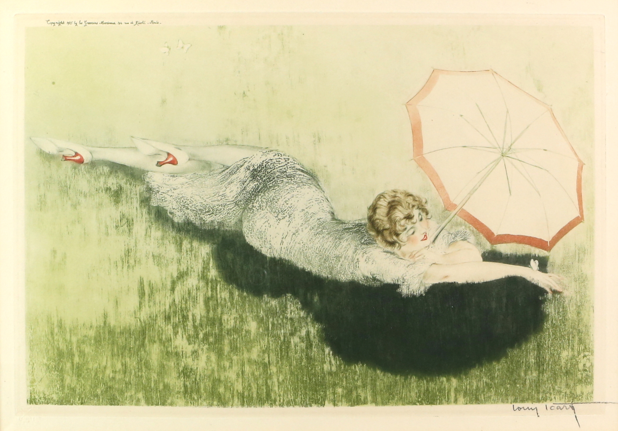 A signed drypoint etching by Louis Icart, entitled Parasol