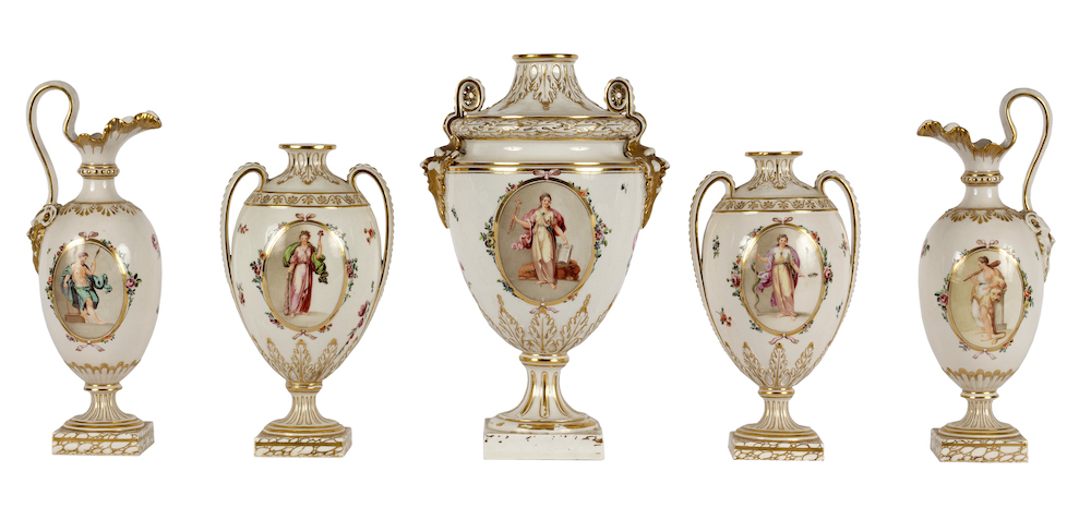 Chelsea Derby garniture of five vases