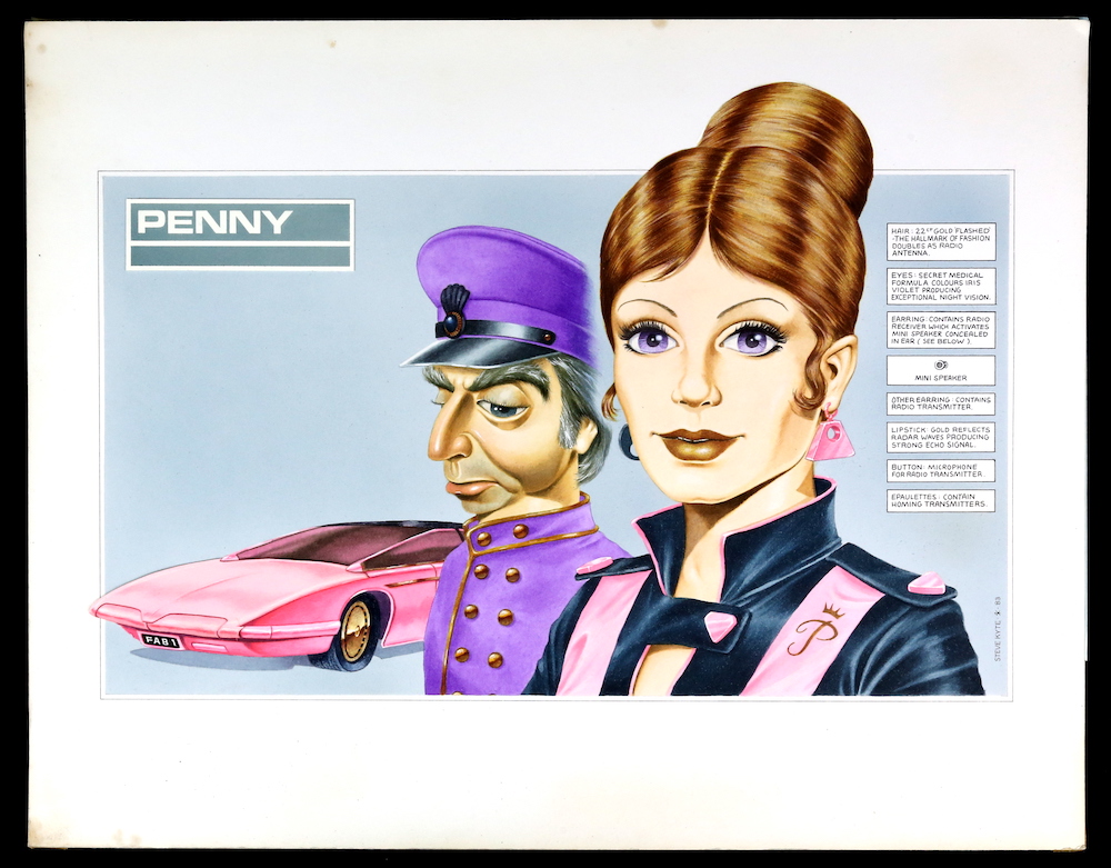 A hand-drawn concept design artwork for T Force – a Thunderbirds remake that never happened – showing Penny, aka Lady Penelope, with Parker in front of the FAB 1