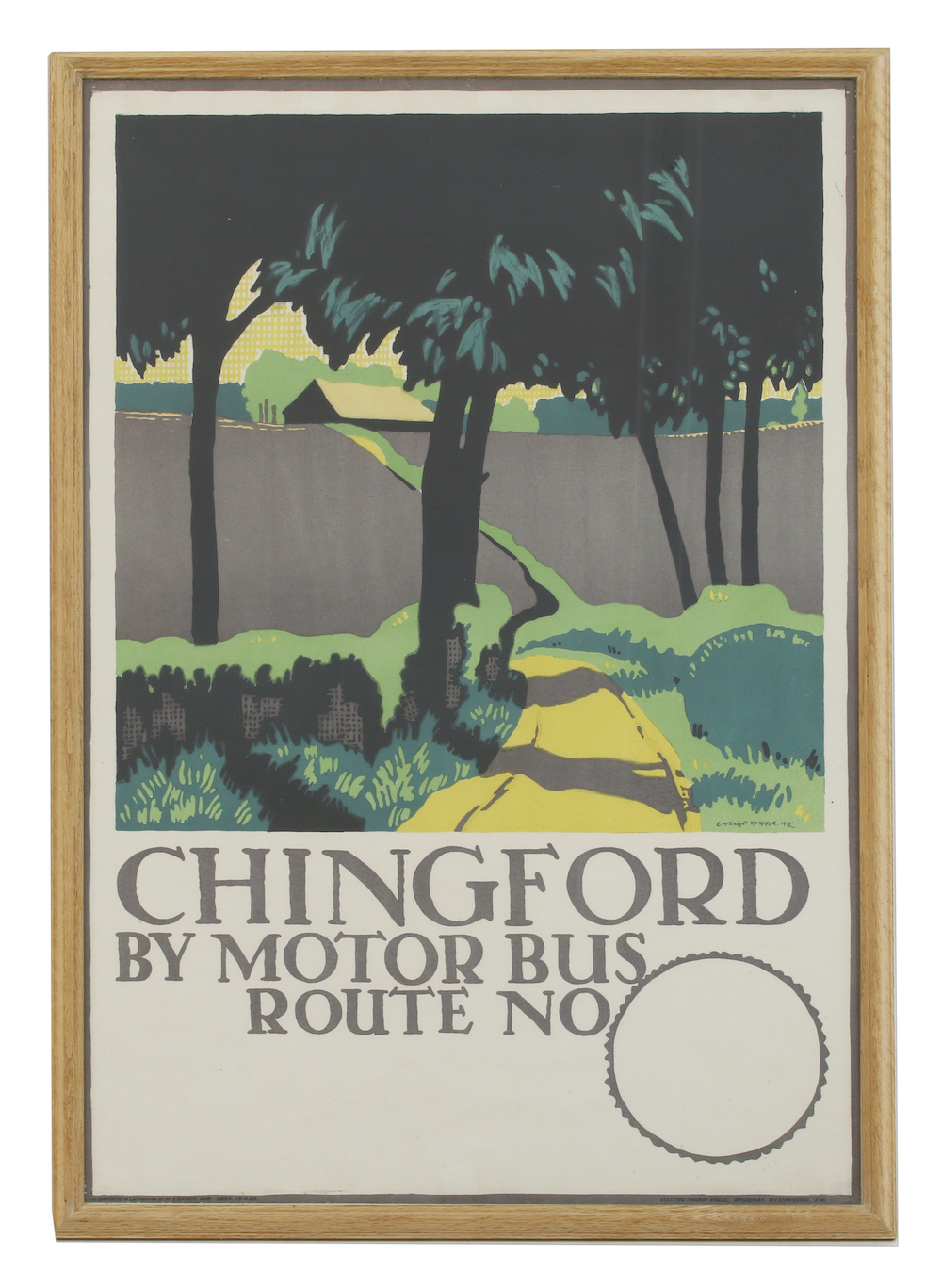 A Chingford by Motor Bus poster by Edward McKnight Kauffer (1890-1954) produced for London Transport