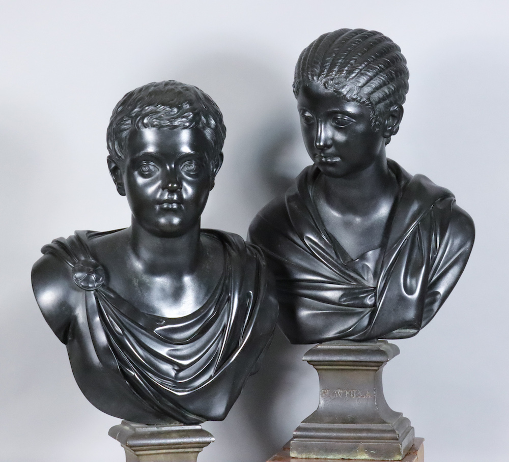 A pair of late 18th or early 19th century Italian Grand Tour bronze busts of the Roman Emperor Lucius Septimius Geta and his sister-in-law, Fulvia Plautilla