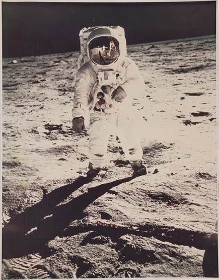 The celebrated Life Magazine cover photo of Buzz Aldrin on the Moon