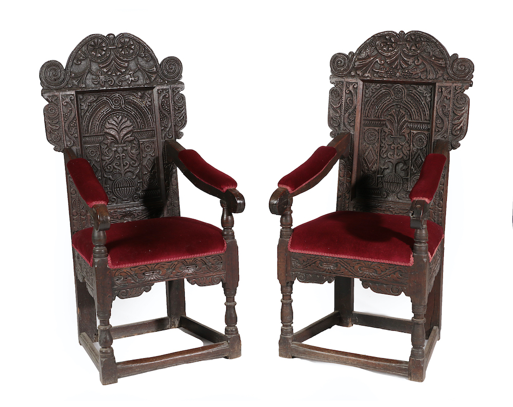 A pair of 17th-century joined oak armchairs