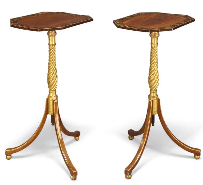 A pair of Regency parcel gilt and painted satinwood occasional tables/pole screens