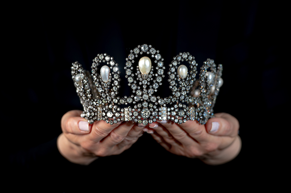 Royal Tiara in natural pearl and diamonds on sale at Sotheby's