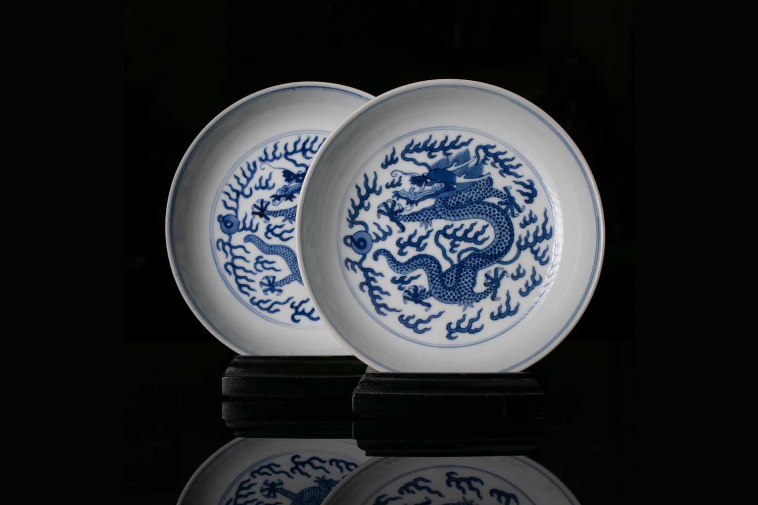 Two Chinese blue and white dragon dishes