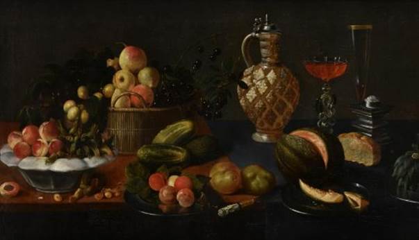 A basket, dish and plates of fruit on a table-top with a jug, glasses of wine by Juan van der Hamen y León (1596 – 1632). Estimate £15,000-£25,000