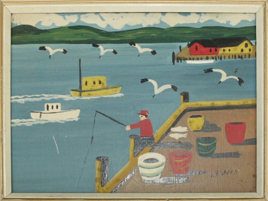 Maud Kathleen Lewis Fisherman seated on harbour wall