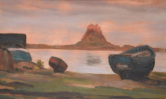 Rowing Boats on the Shores of Lindisfarne Castle by Frederic, Lord Leighton (British 1830-1896)