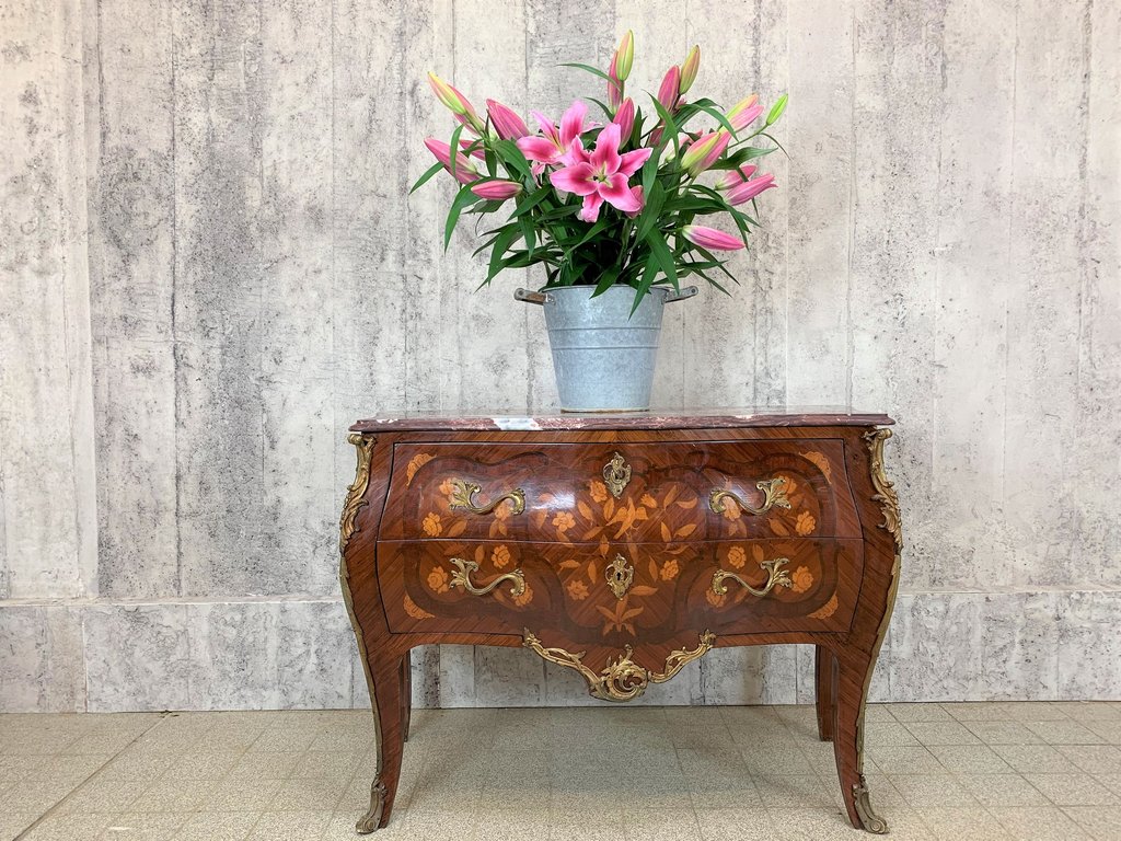 French marquetry bombe chest of drawers