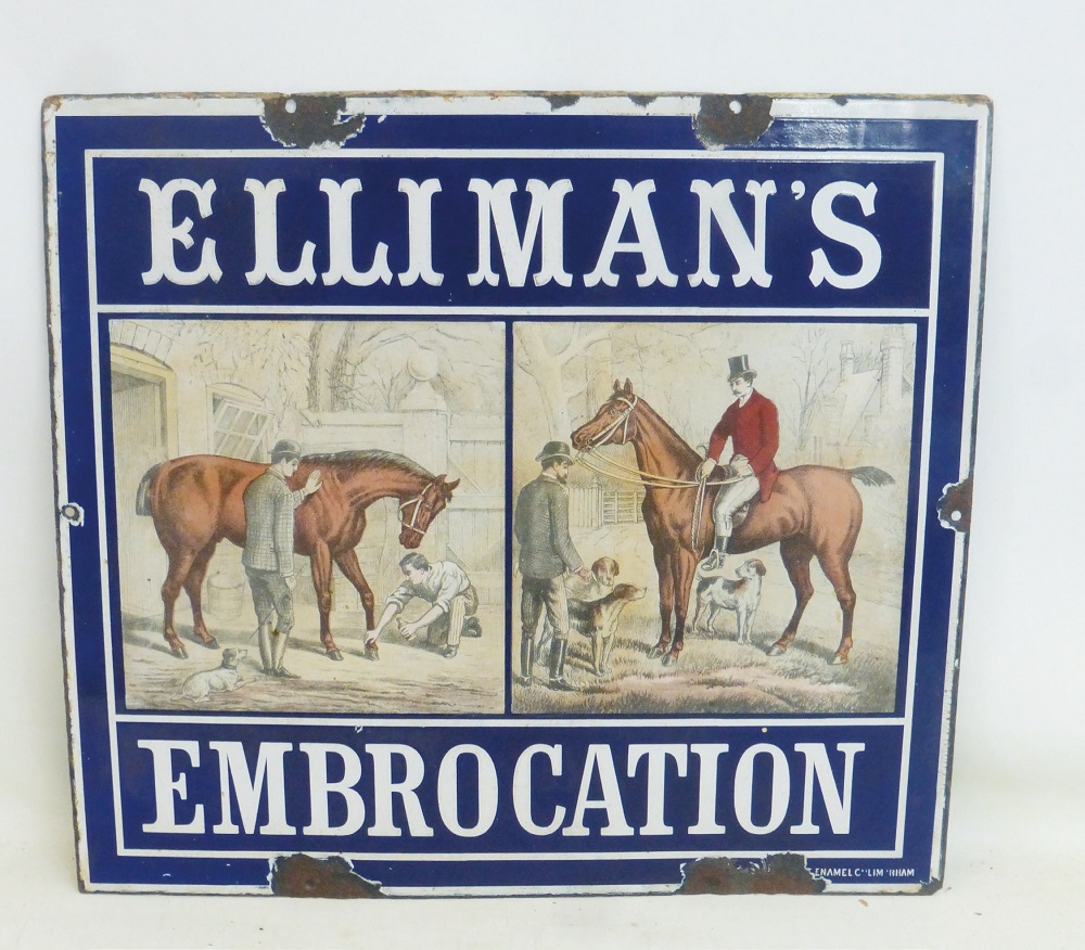 An enamel advertising sign for Elliman’s Embrocation