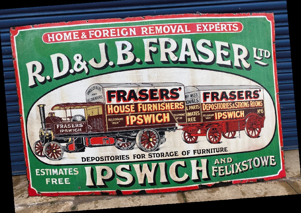 An old enamel advertising sign for Suffolk-based removals company R.D & J.B. Fraser Ltd