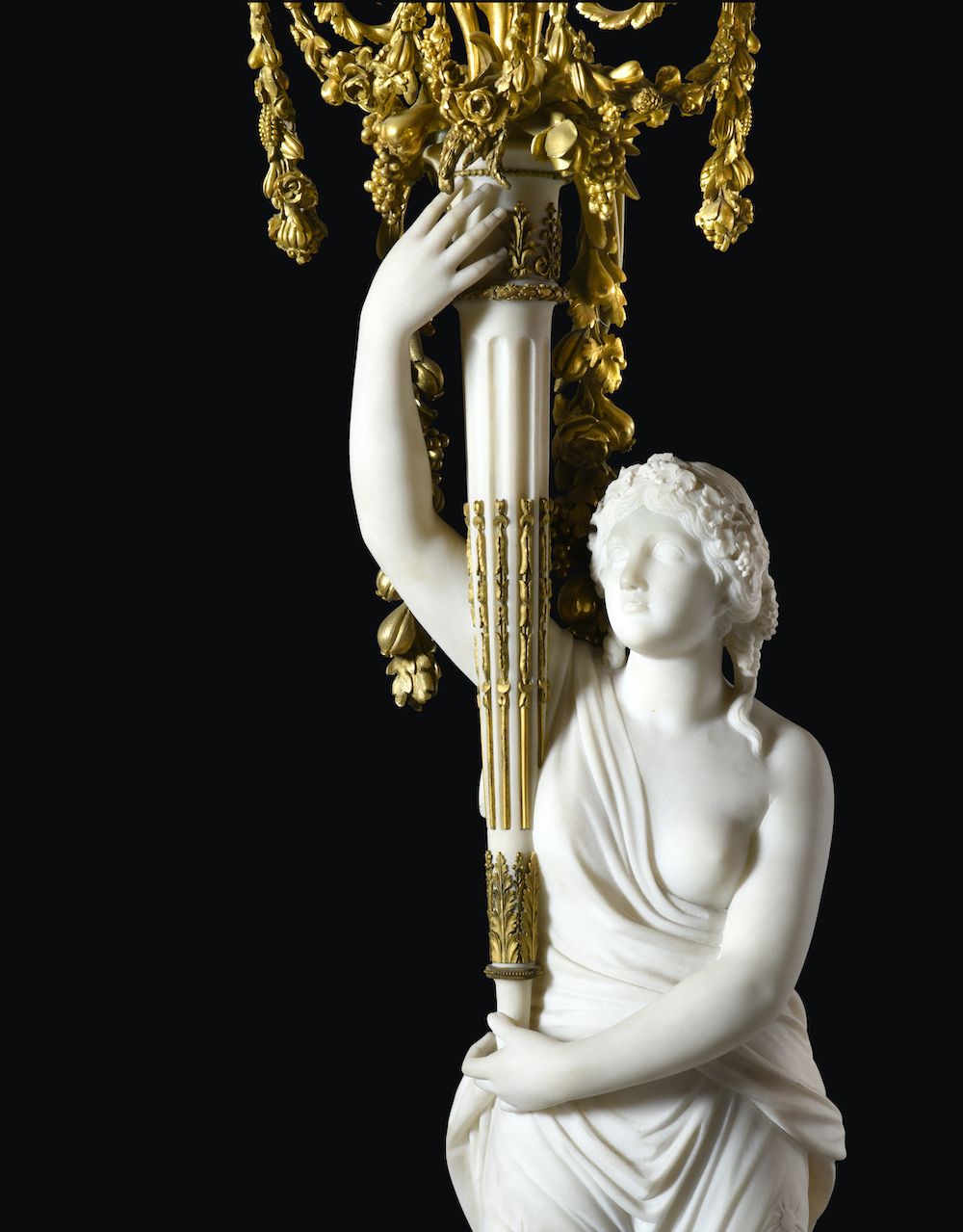 pair of French ormolu-mounted white marble and porphyry candelabra