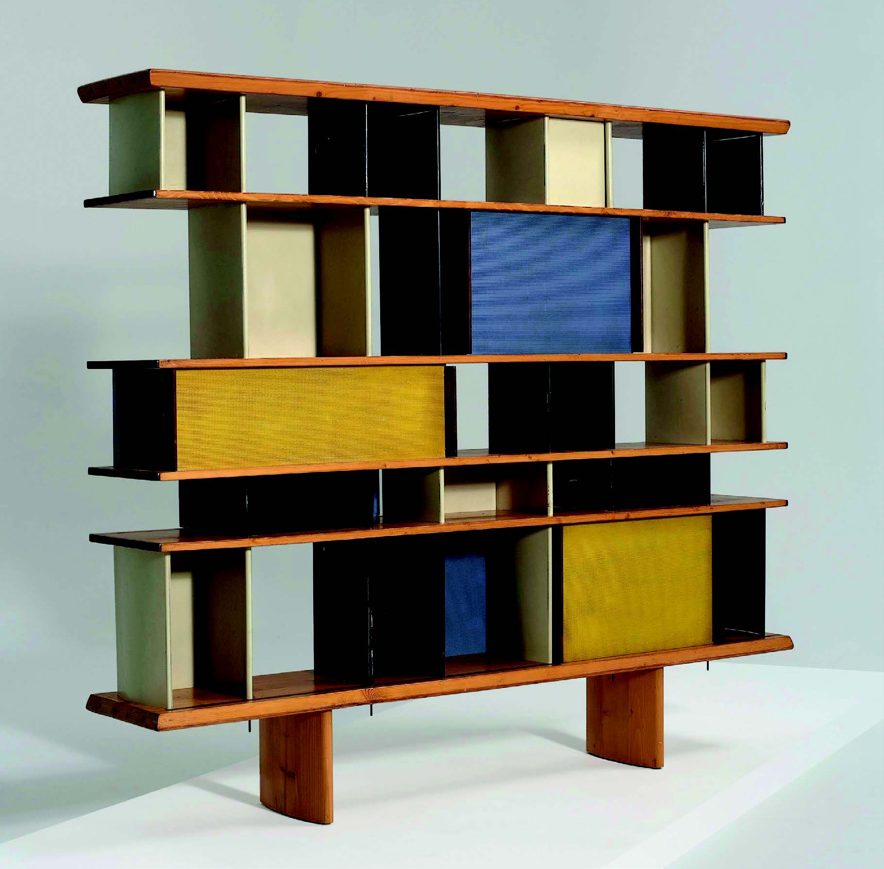 Charlotte Perriand Mexique, 1952, bookcase in pine, aluminium, painted bent steel, walnut, stained wood, for the Maison du Mexique, Cité Universitaire de Paris Sold for £115,000 in 2007. Image courtesy of Phillips