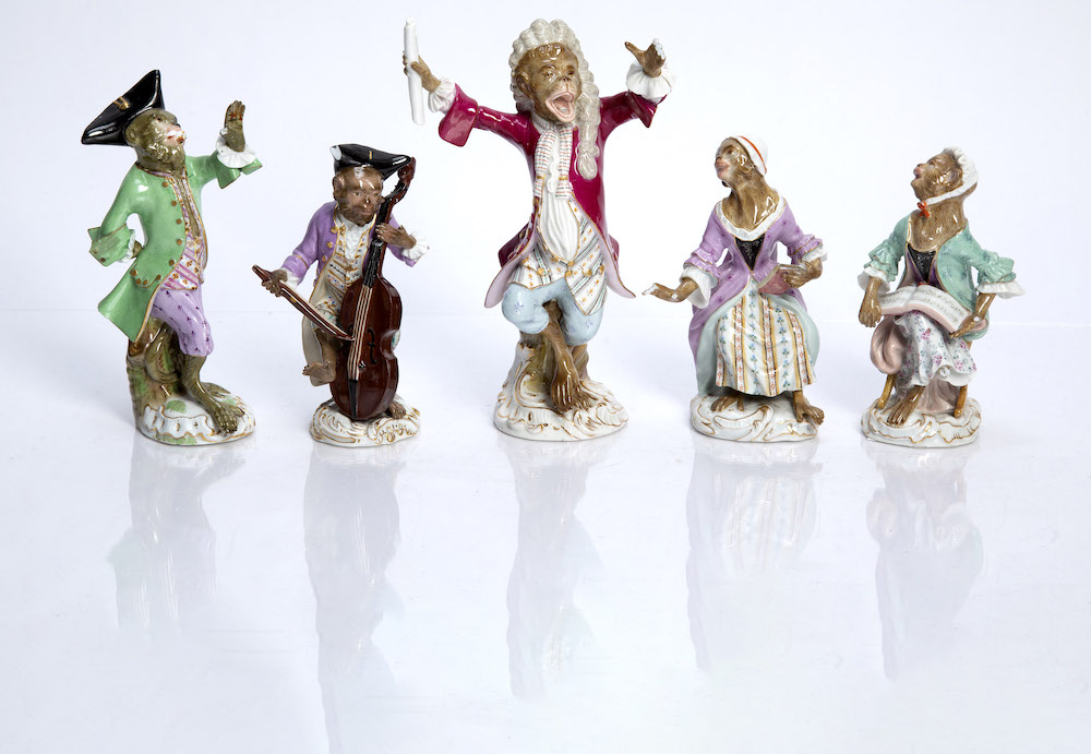 Group of five Meissen Monkey band porcelain figures