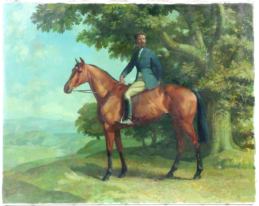 Lionel Ellis (1903-1988). Rider on a Bay Horse in a landscape. Oil on canvas. Signed on stretcher verso. 41 x 51cm. Estimate £300-400.