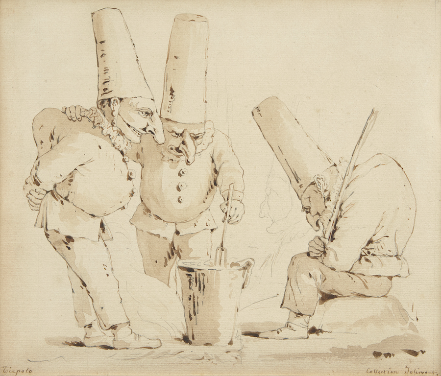 Giovanni Battista Tiepolo, Italian 1696-1770- Three Punchinellos; black chalk, pen and brown ink and wash on paper