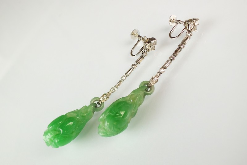 A pair of antique diamond and jade earrings