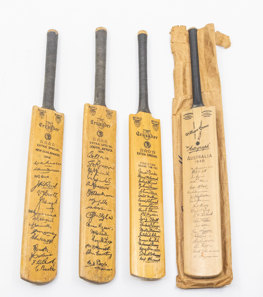 Cricket bats from the Derek Shackleton Collection of cricket memorabilia