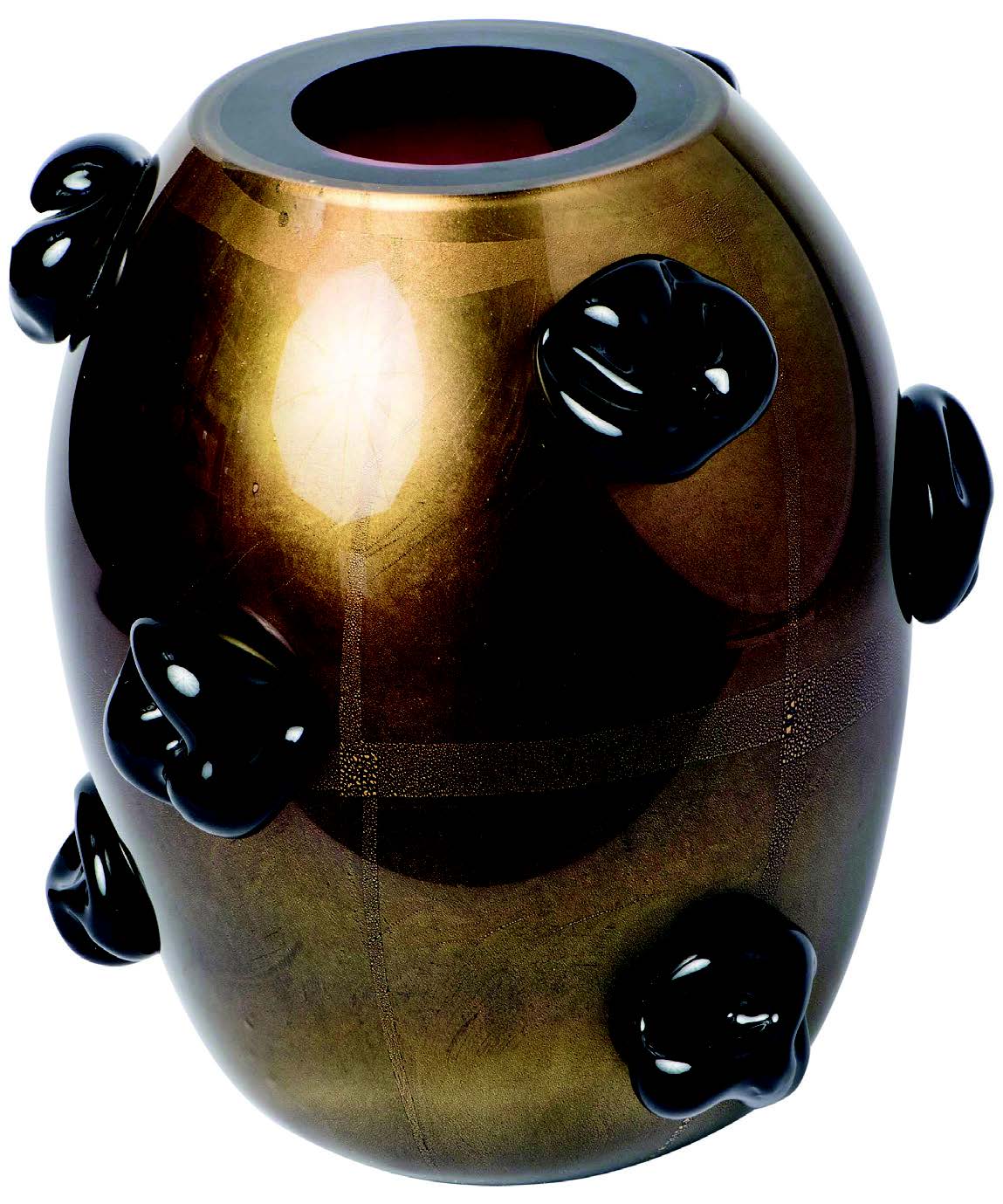 A black and gold leaf Pettoni vase, Venini