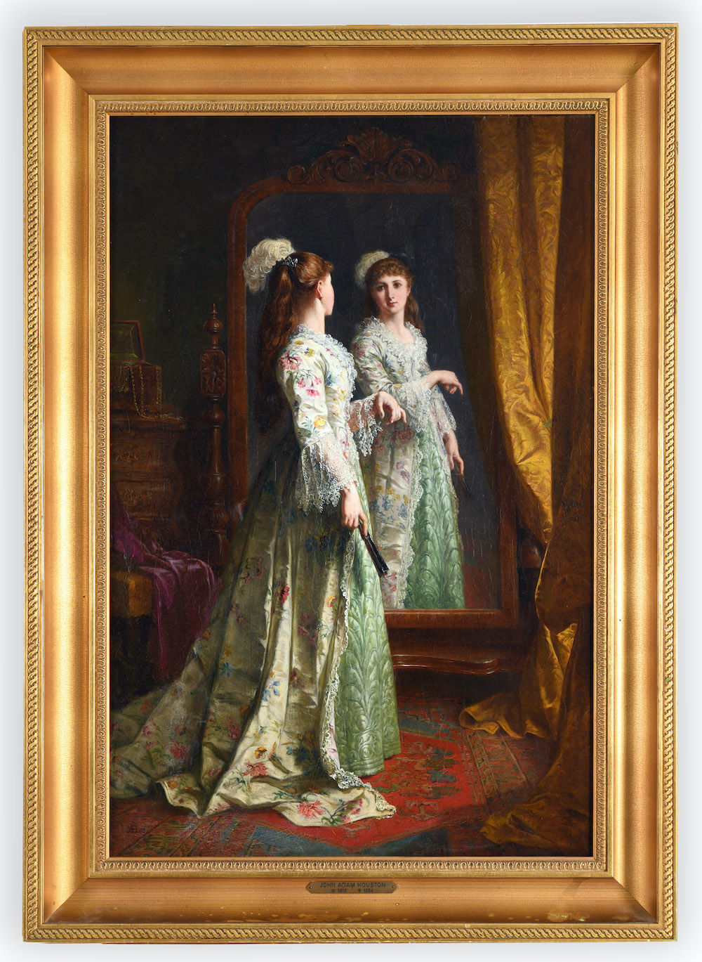 John Adam Houston of an elegantly gowned lady before a mirror, Pleasing Reflections