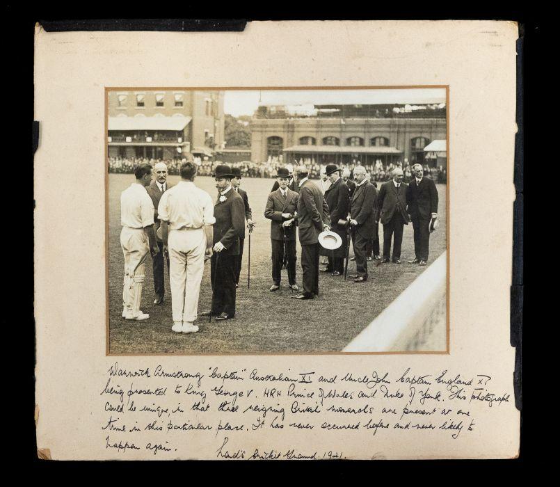 Photo of JWHT Douglas and Warwick Armstrong being presented to King George V at Lords before the Test match in 1921, with HRH Prince of Wales and The Duke of York in attendance