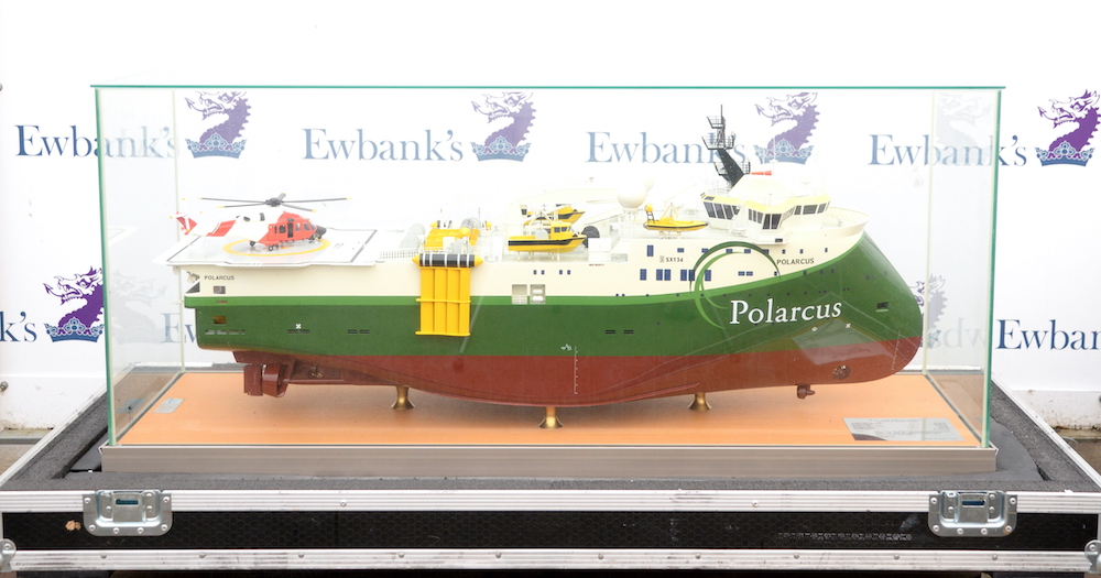 A scale model ship of the Polarcus Amani Seismic Exploration & Geophysical Services survey vessel