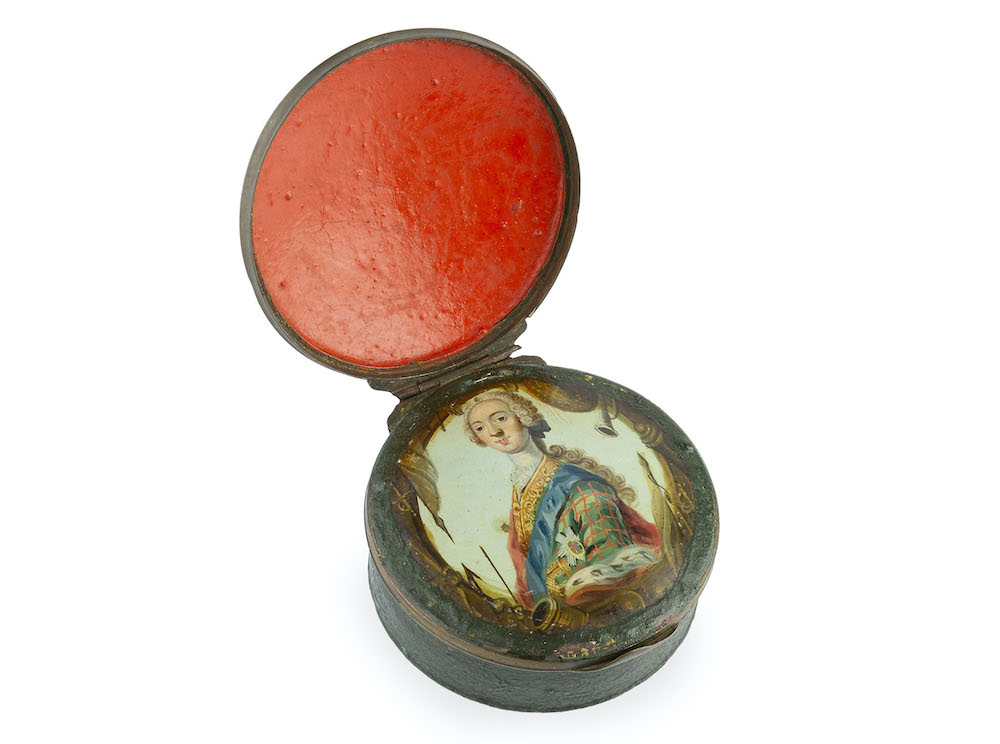 An antique painted metal Jacobite snuff box