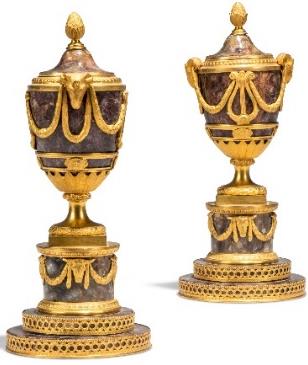 A pair of George III ormolu and blue john ‘lyre vase’ perfume-burners