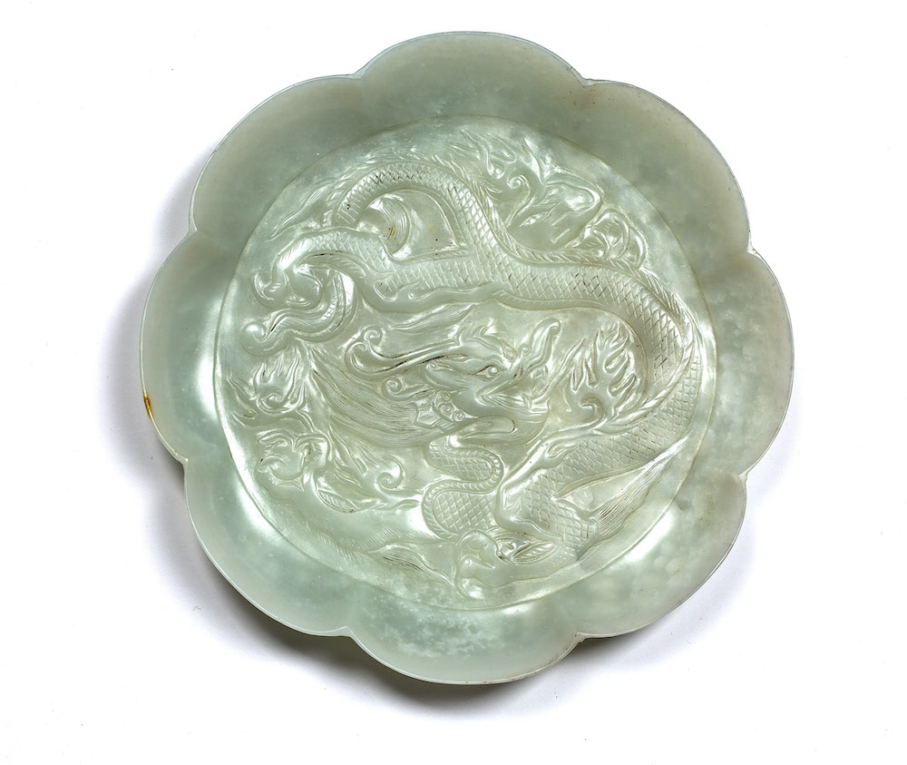 Chinese jade flower shaped shallow dish