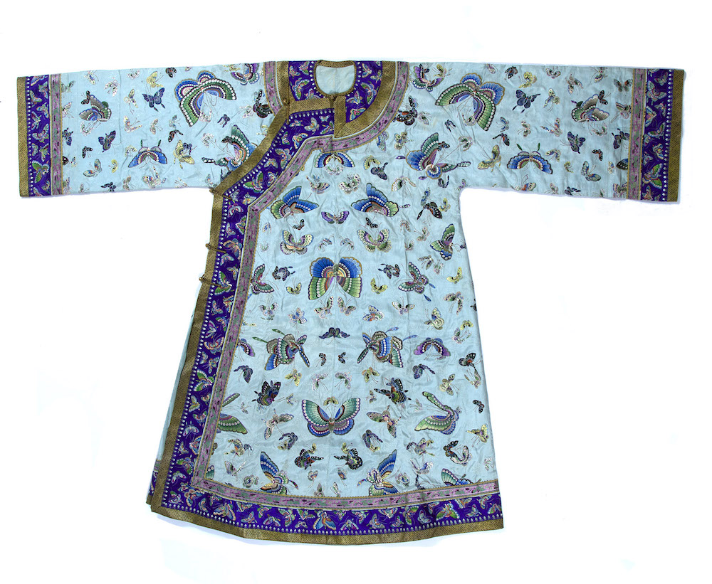 Chinese embroidered blue silk robe