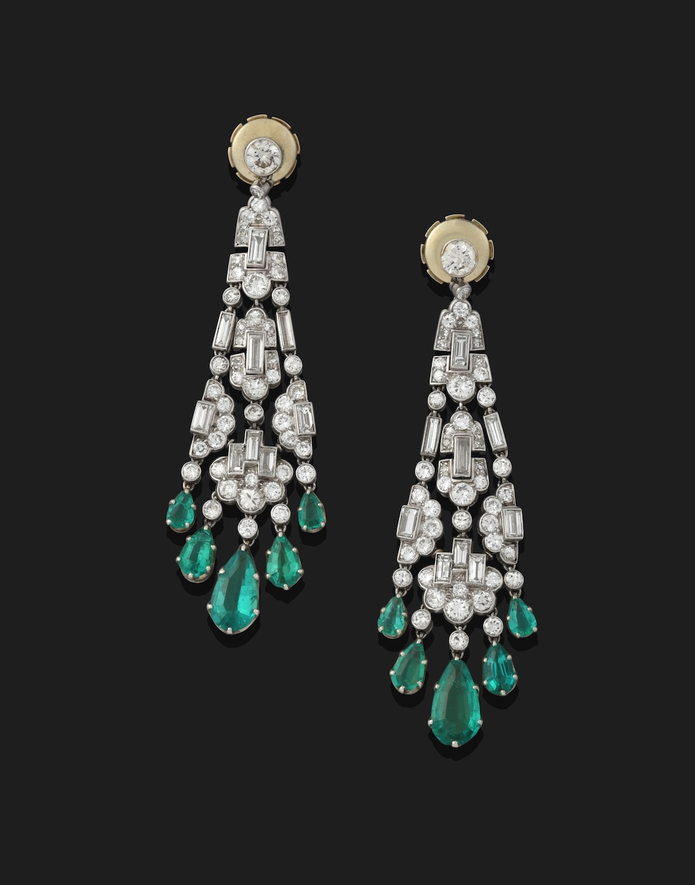 A pair of Art Deco emerald and diamond drop earrings