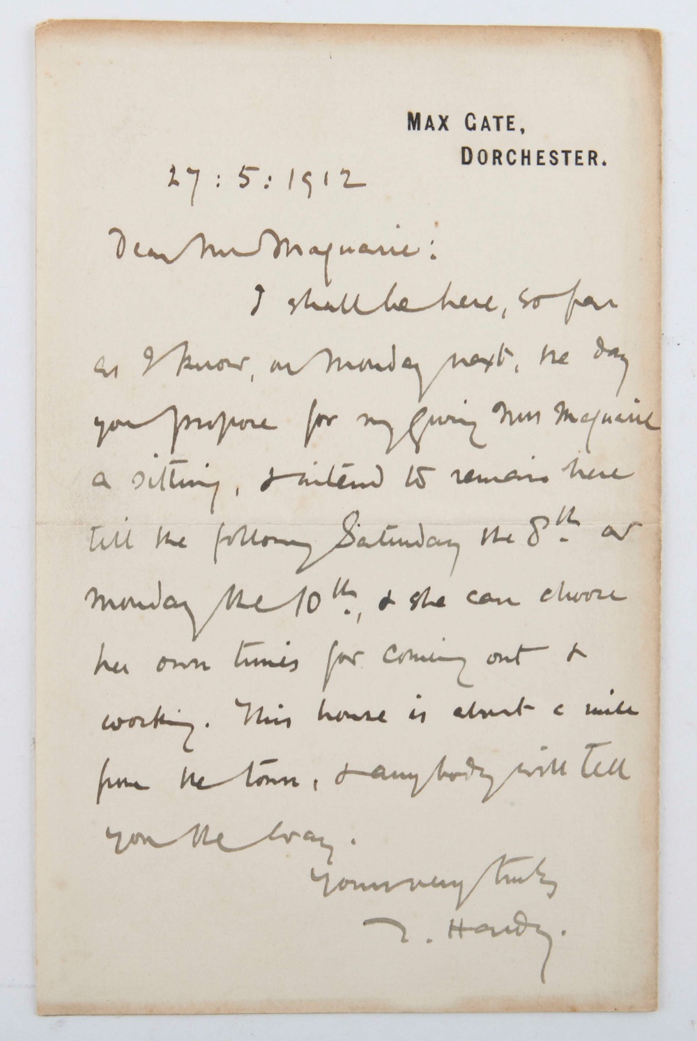 A handwritten letter from Thomas Hardy