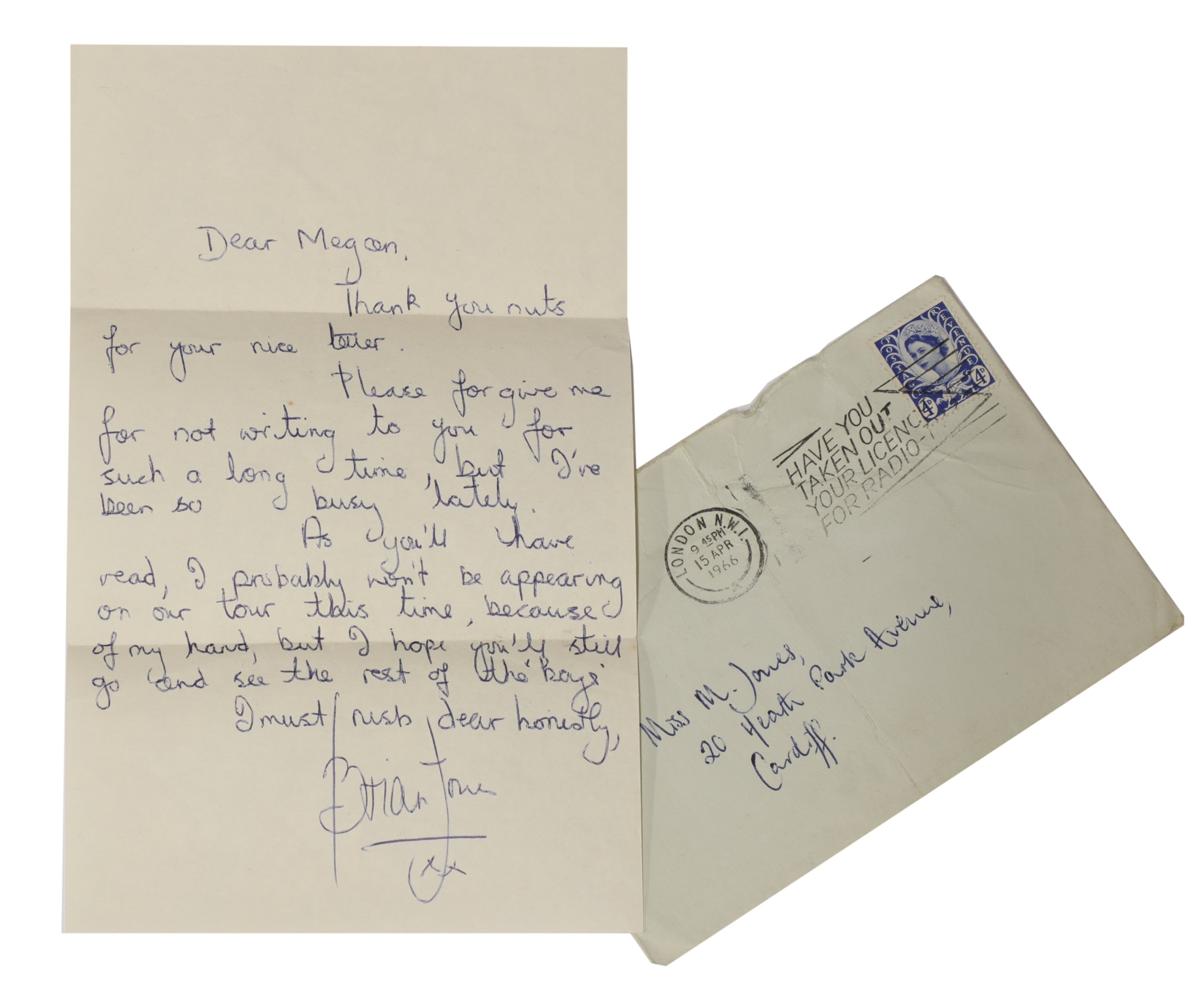 A letter from Brian Jones of the Rolling Stones to a young fan