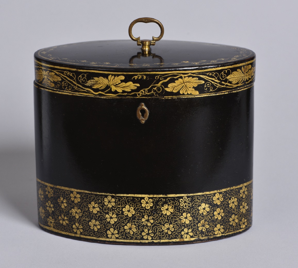 An antique papier mâché tea caddy, c. 1785