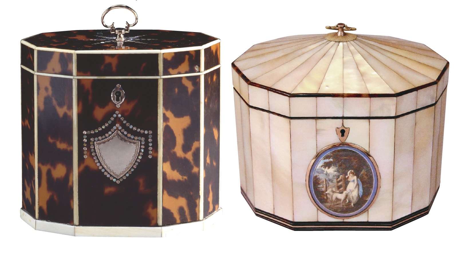 An antique tortoiseshell tea caddy and a mother-of-pearl tea caddy