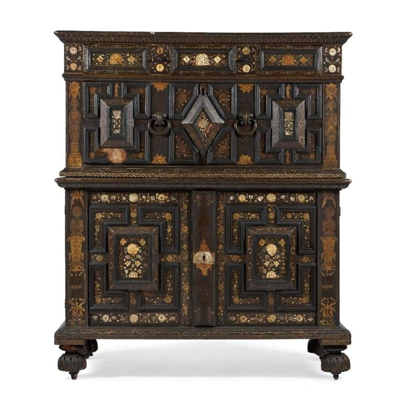 Charles II painted oak, mother of pearl and bone inlaid enclosed chest of drawers