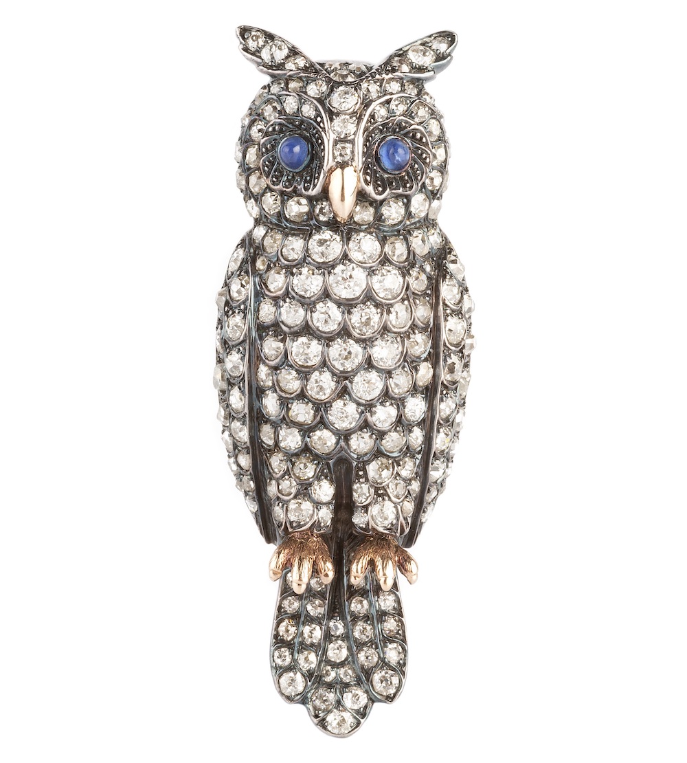 Diamond and sapphire set owl cased by C & A Giuliano