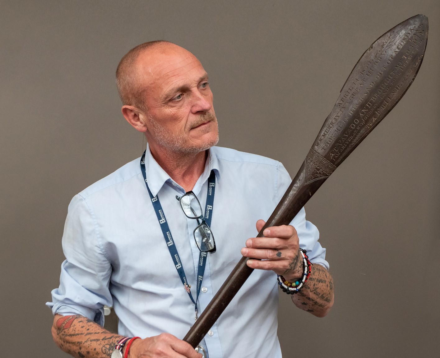 Hansons senior valuer Karl Martin with ancient paddle