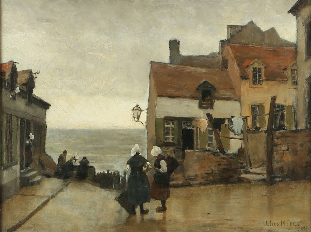 An oil by British artist Julius Mendes Price of a harbourside village 