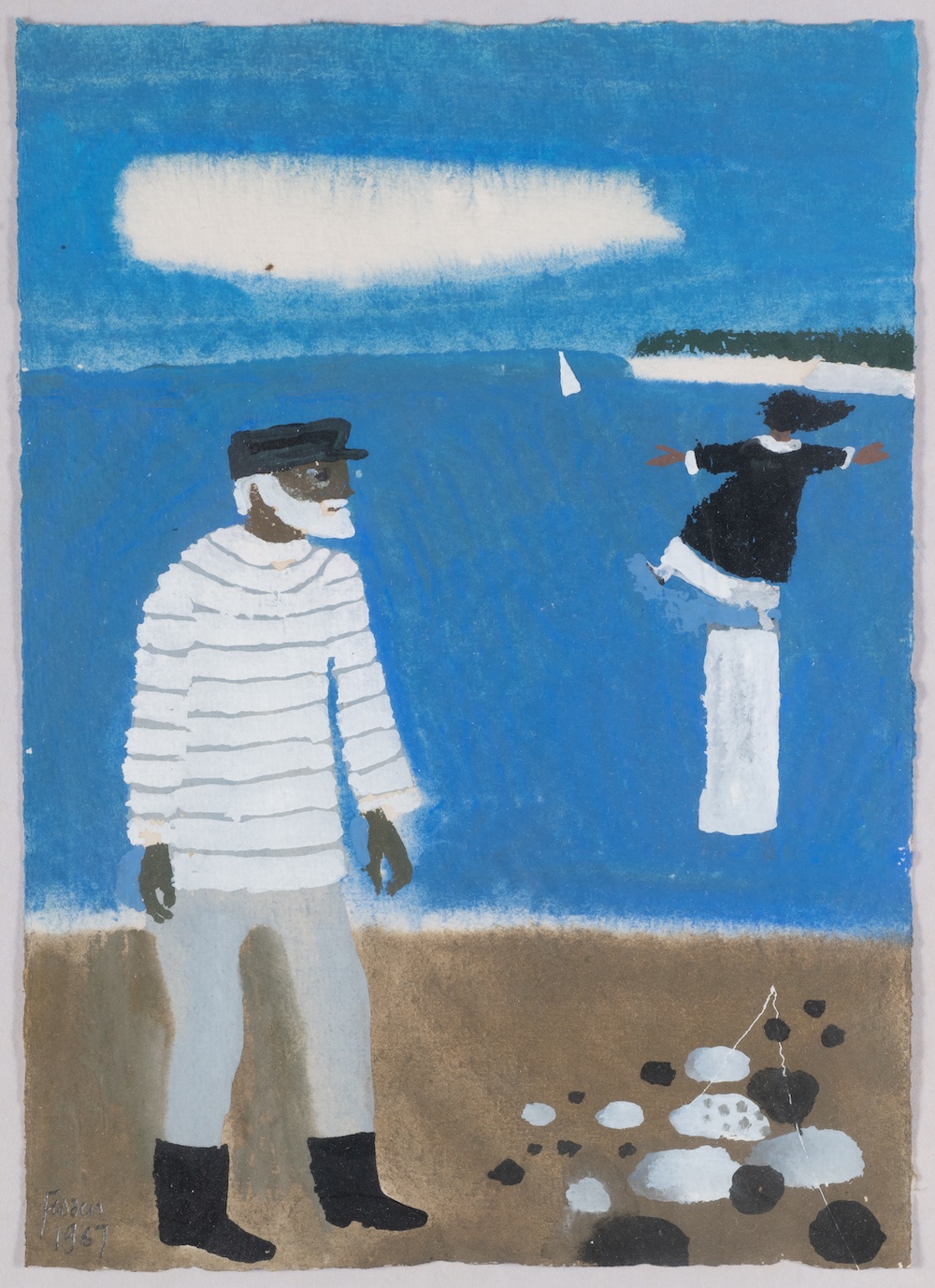 Julian Trevelyan on the beach, Mary in the background by Mary Fedden (1915 - 2012)
