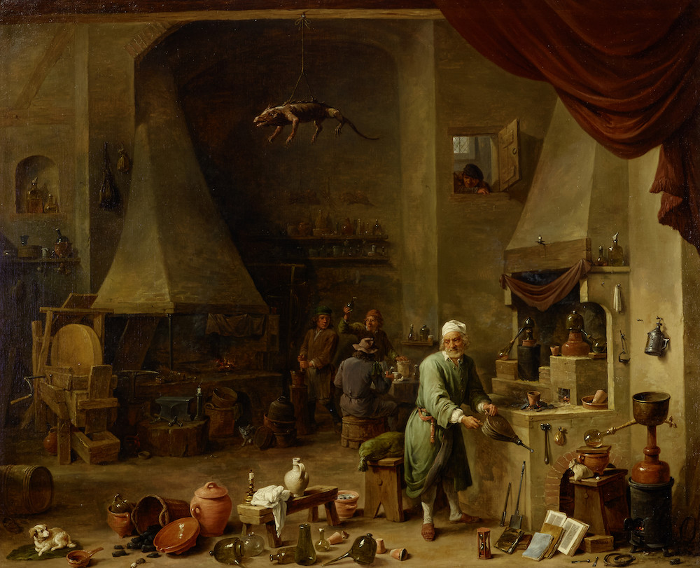 David Teniers the Younger (Flemish, 1610-1690) Interior of a laboratory with an Alchemist at work and a stuffed iguana hanging from a ceiling beam