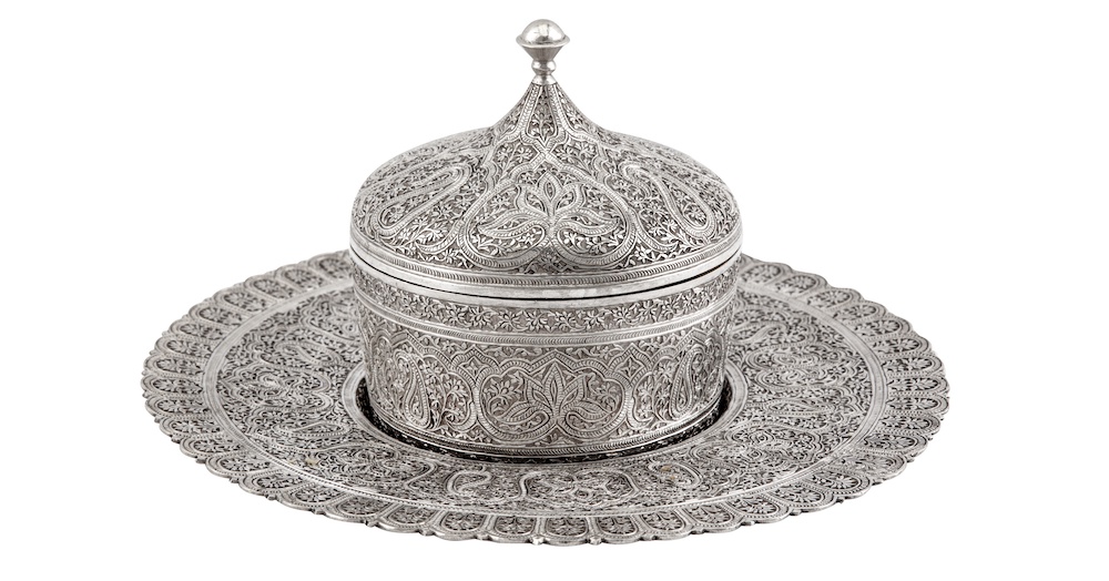 Mid to late 19th-century butter dish on stand from the Kashmir region