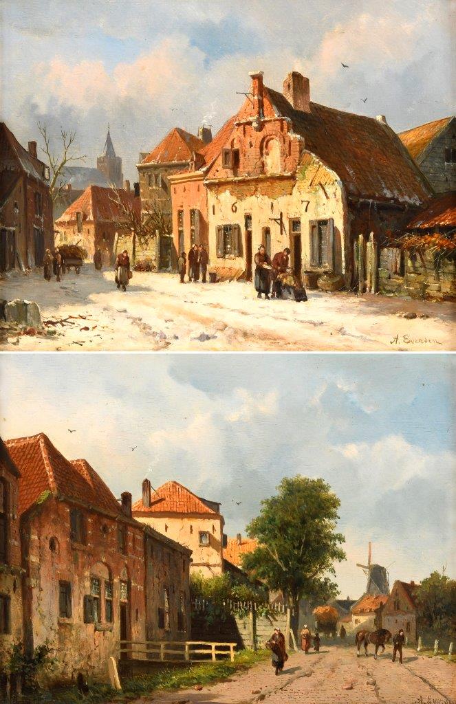 A pair of oils on panel of town scenes in winter and in summer by Adrianus Eversen