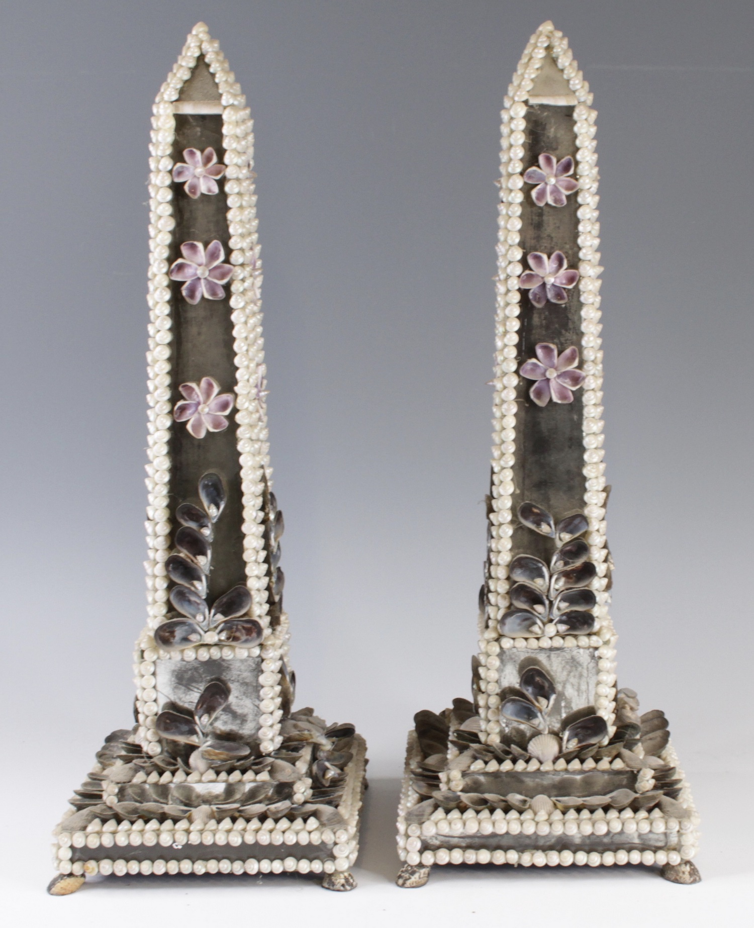 Tess Morley - A pair of shell art and mirrored obelisk, late 20th century