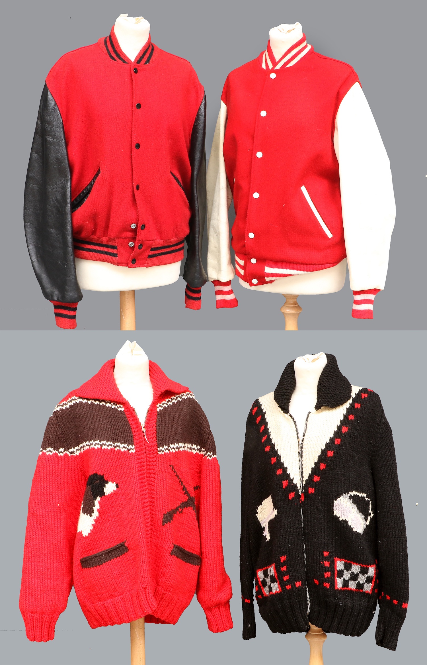 A collection of 1950s high school jackets and cardigans